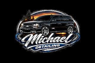 Michael Detailing logo featuring a black SUV with glowing headlights against a sunset backdrop in an oval badge design
